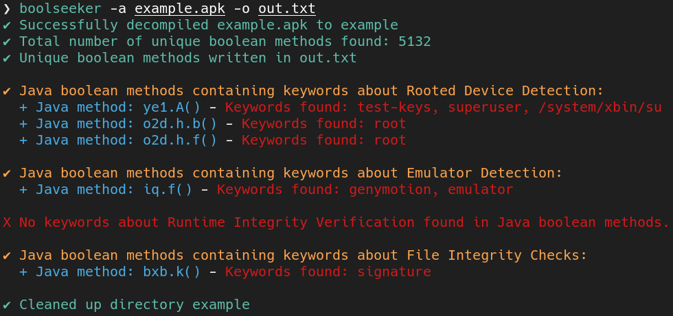 Main function output of Boolseeker tool