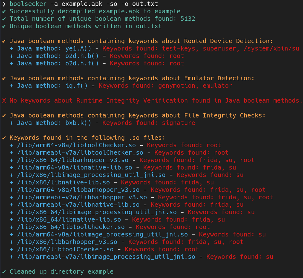 Main function output of Boolseeker tool plus scan in .so files