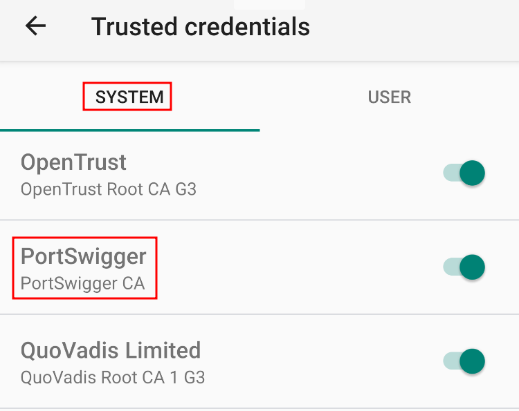 Burp Suite CA Certificate on SYSTEM Trusted Credentials